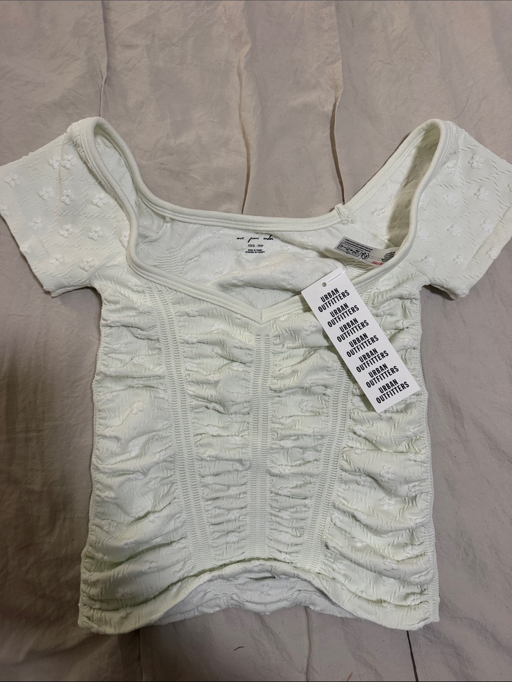 Urban Outfitters Ivory Textured Ruched Scoop-Neck Short Sleeve Top